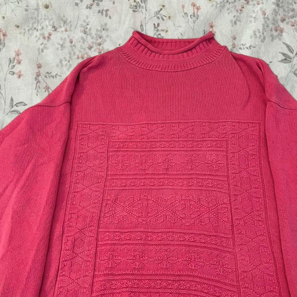 Vintage 80s Hot Pink Heart Sweater Cotton Knit Oversized Made in USA Mock Neck